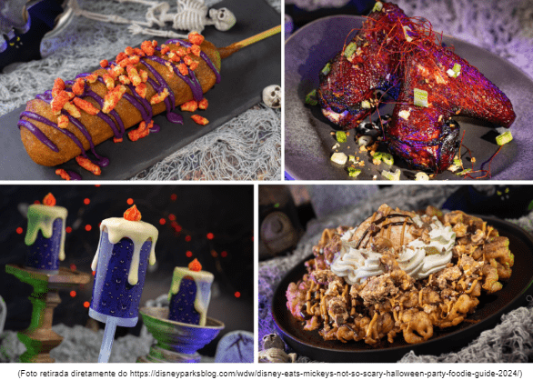 Uma colagem de quatro deliciosas opções de comida para a festa de Halloween da Disney. No canto superior esquerdo, um corndog coberto com uma crosta laranja e roxa brilhante, drizado com um molho roxo escuro. No canto superior direito, asas de frango grelhadas com uma cobertura brilhante e guarnição de cebolinha verde. No canto inferior esquerdo, um picolé em forma de vela com cobertura branca e roxa derretida. No canto inferior direito, um sundae com biscoitos e cobertura, decorado com um relógio de bolso. Todos os pratos apresentam cores vibrantes e temáticas de Halloween, perfeitos para celebrar a temporada assustadora na Disney.